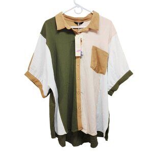 Colorblock Button-Up Short-Sleeve Shirt Women Size 2XL Dokotoo Green Beige White